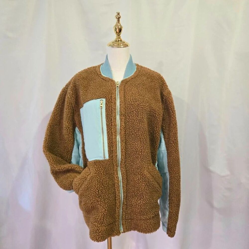 Free People We The Free Brown Sherpa Teddy Jacket Size S Teal Colorblock Fleece